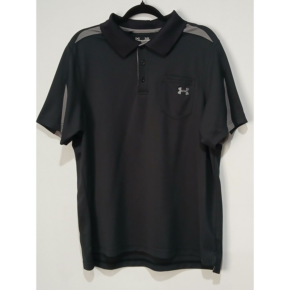 Under Armour Heat Gear Polo Golf Shirt Black/Grey.  3/4 Button Up. Men Size XL.